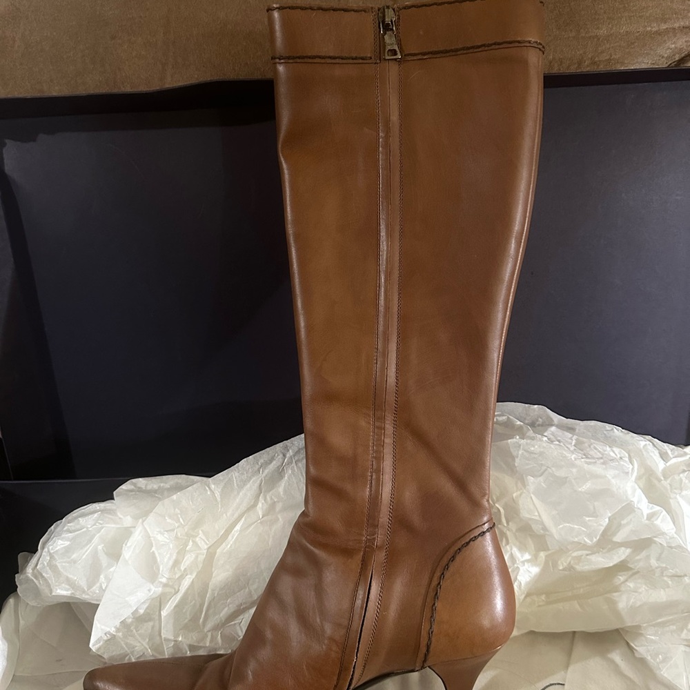 Prada Women's Tan Leather Heeled Boots - Picture 6 of 8